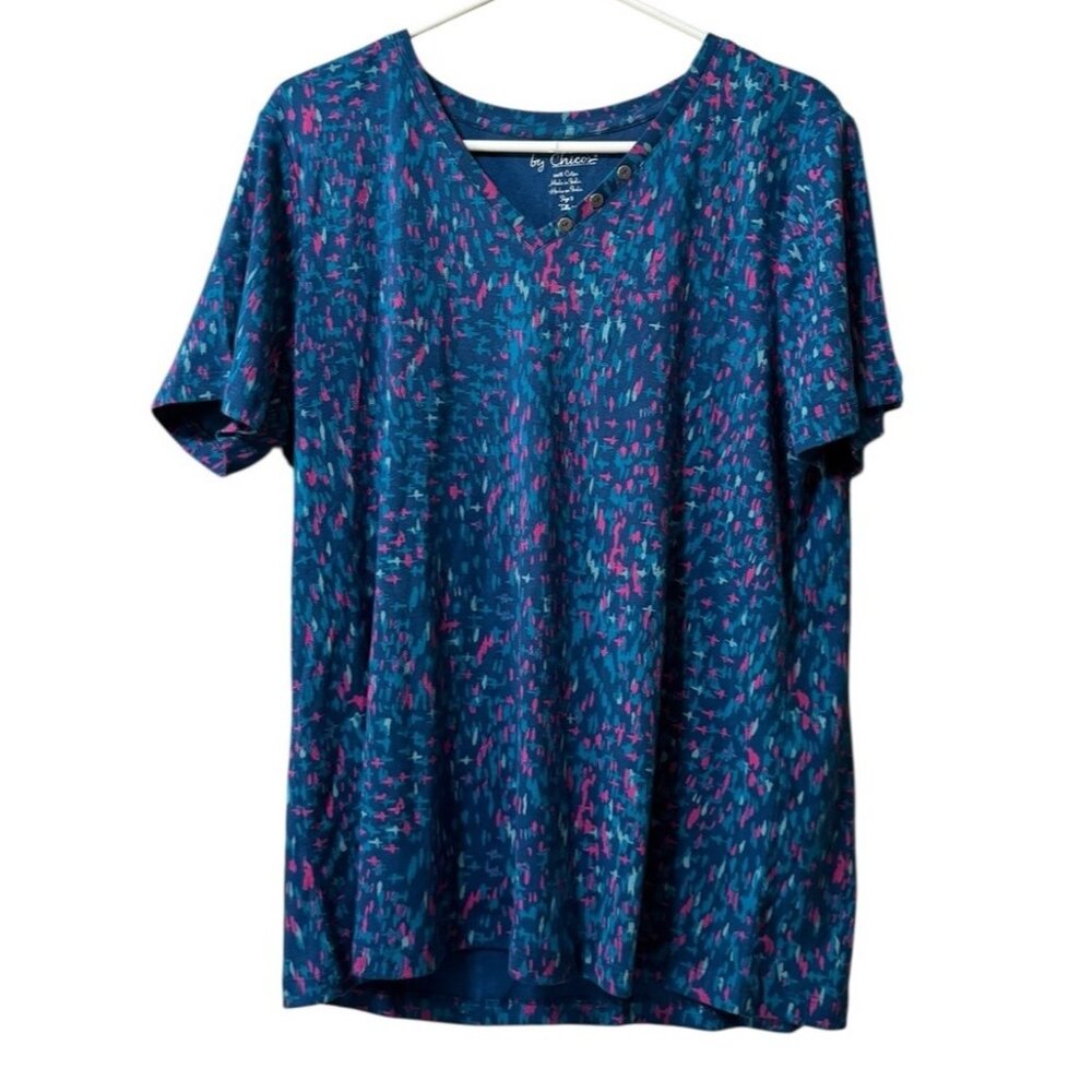 By Chico's Women's Blue Short Sleeve T Shirt Size 3 Buttons Cotton Preppy Casual